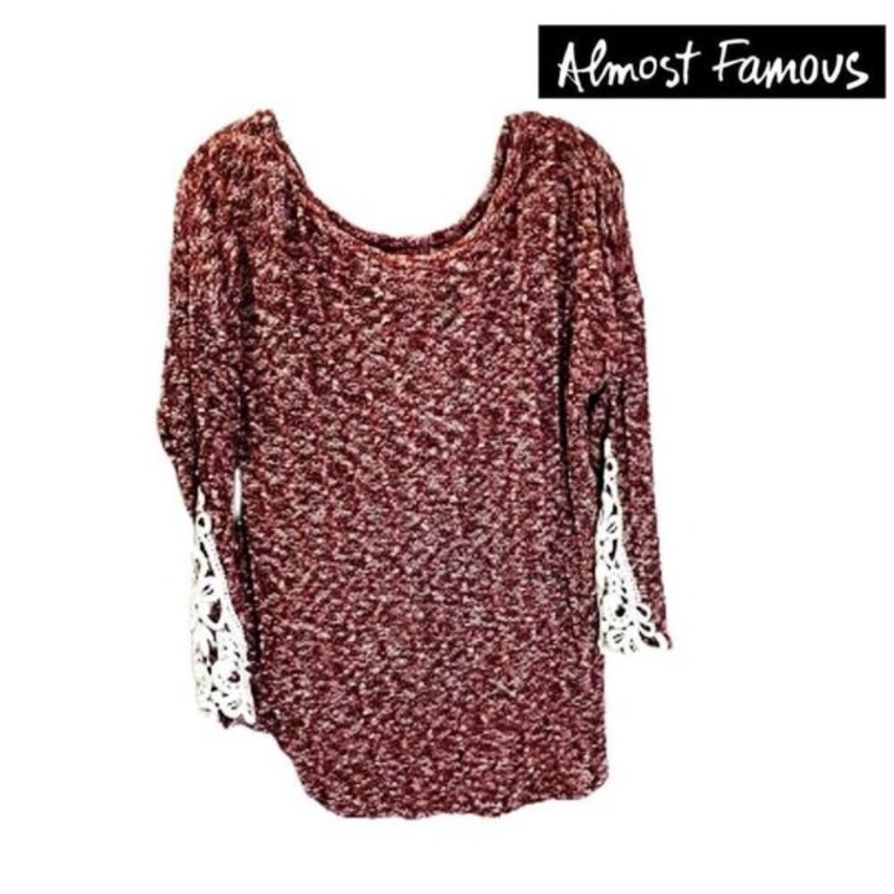 Almost‎ Famous Women Lace Crochet Inserts Long Sleeve Super Soft Pullover top
